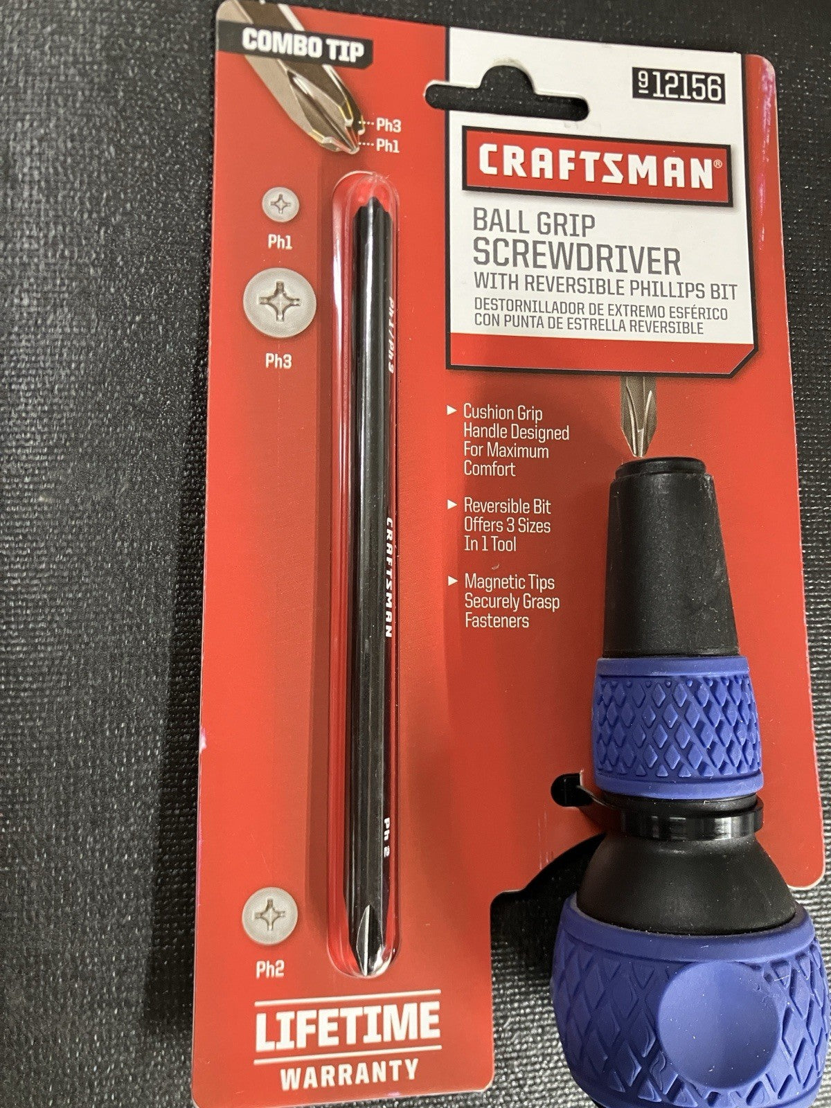 New! Craftsman Ball Grip Screwdriver 12156 Reversible Phillips Bit P1 P2 P3 BLUE