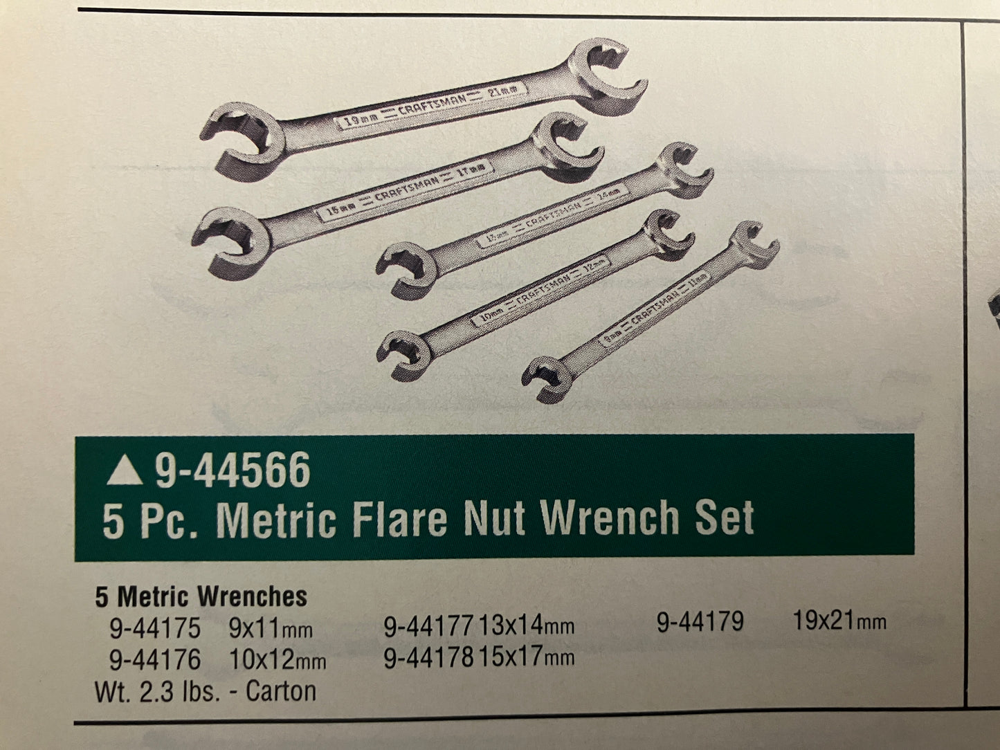 NOS Vintage Craftsman Metric 5pc Flare Nut Wrench Set 9mm - 21mm 44566 USA