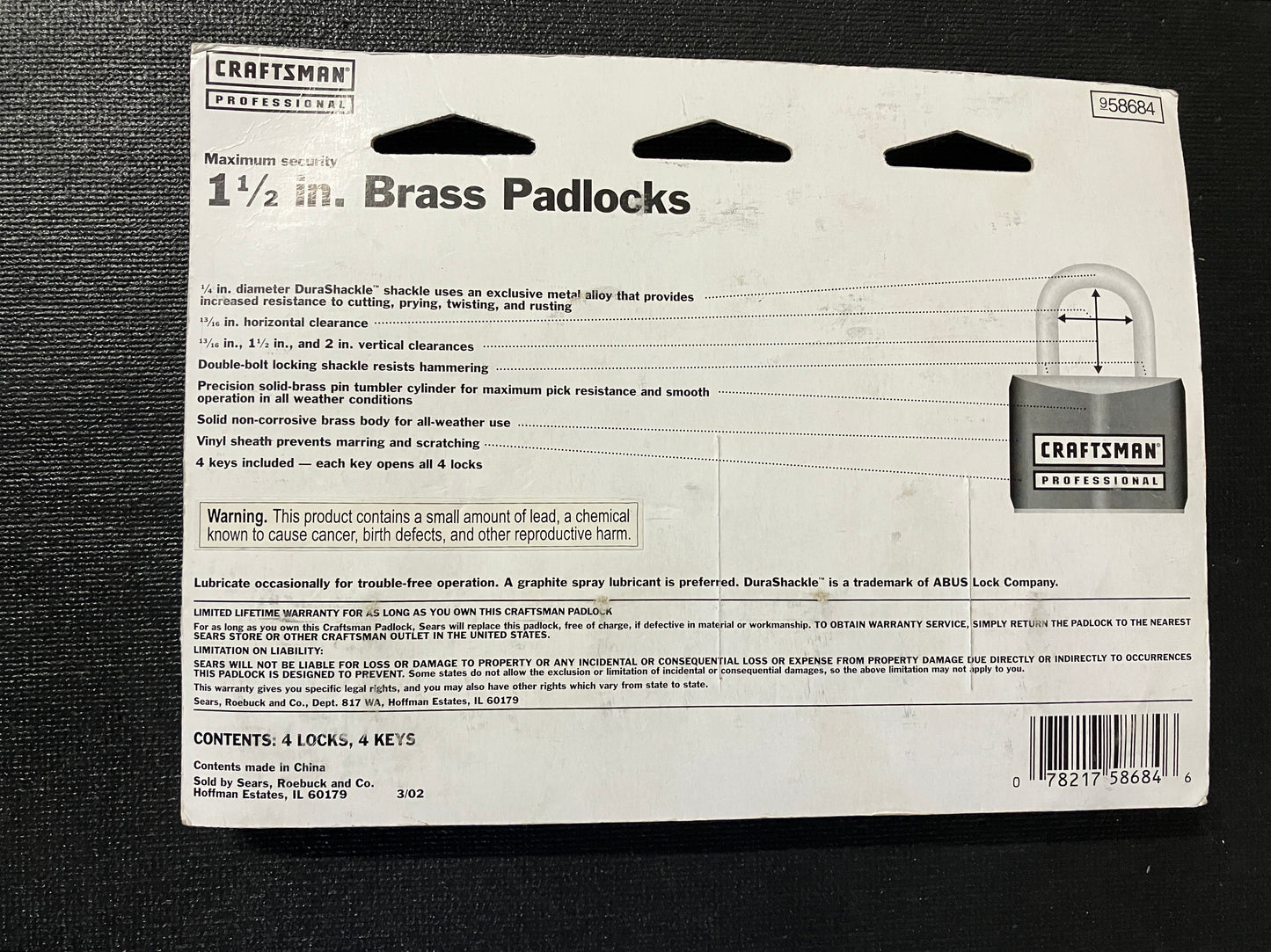 NOS Craftsman Professional 4pc 1-1/2” Brass Padlocks 58684 - Brand New Sealed
