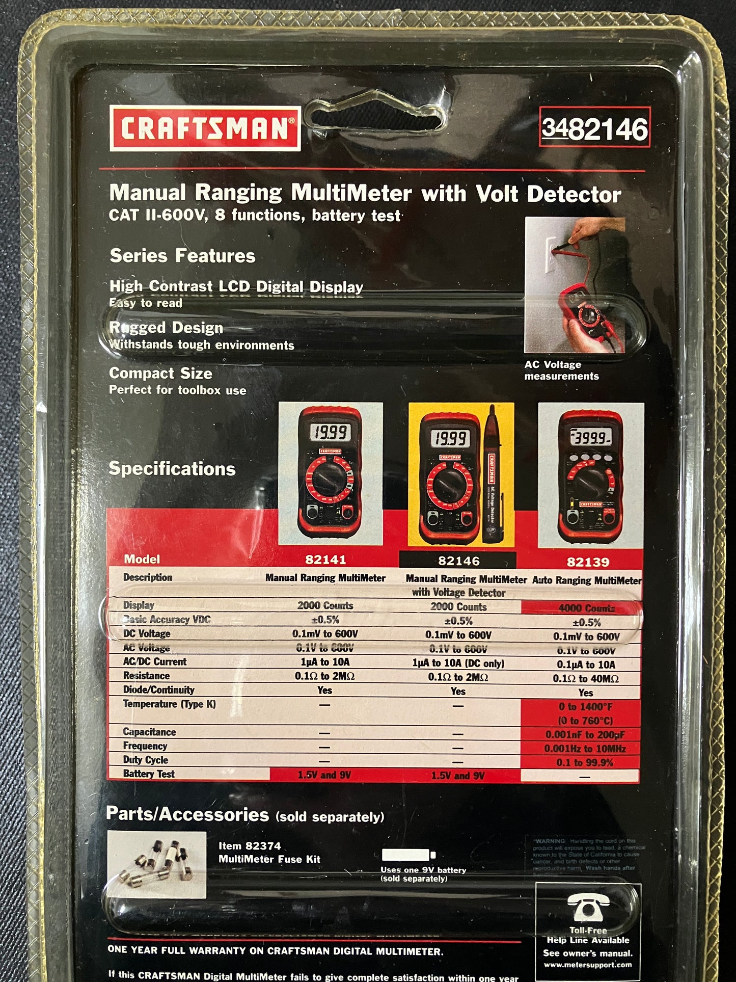 NOS Craftsman Multimeter Kit with AC Voltage Detector, 8 Functions 3482146 600V