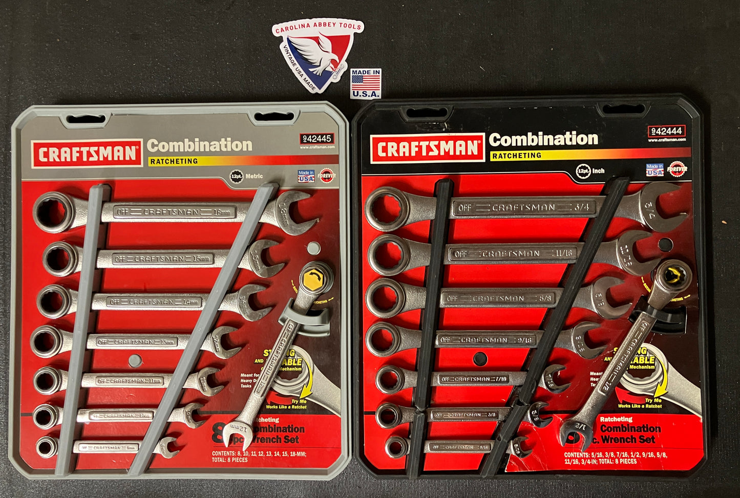 NOS Craftsman 16pc Ratcheting Combination Wrench Set SAE &Metric 42444 42445 USA