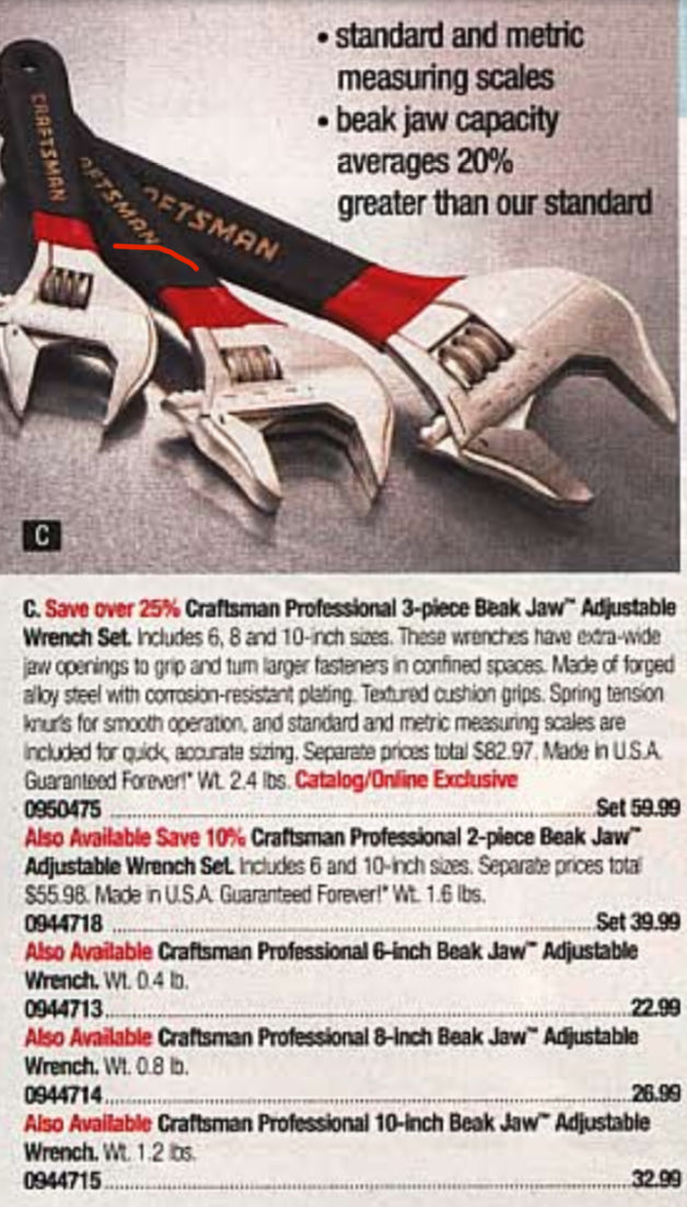 Vintage Craftsman Professional 3pc Beak Jaw Adjustable Wrench Set 50475 USA