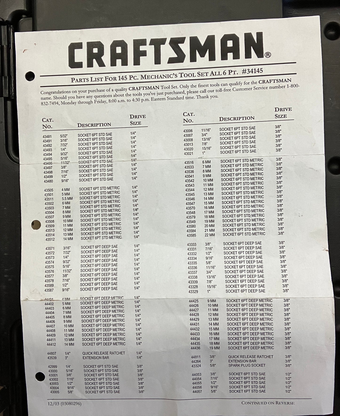 NOS Sears Craftsman 145pc ALL 6 POINT Mechanics Tool Socket Set 34145 USA New!