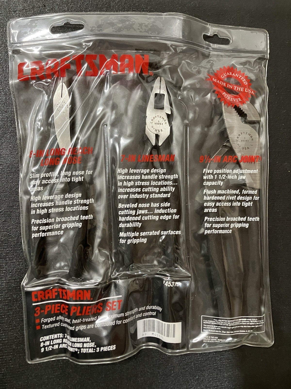NOS Sears Craftsman 3 PC Plier Set 45313 USA Linesman, Long Reach, & Arc Joint