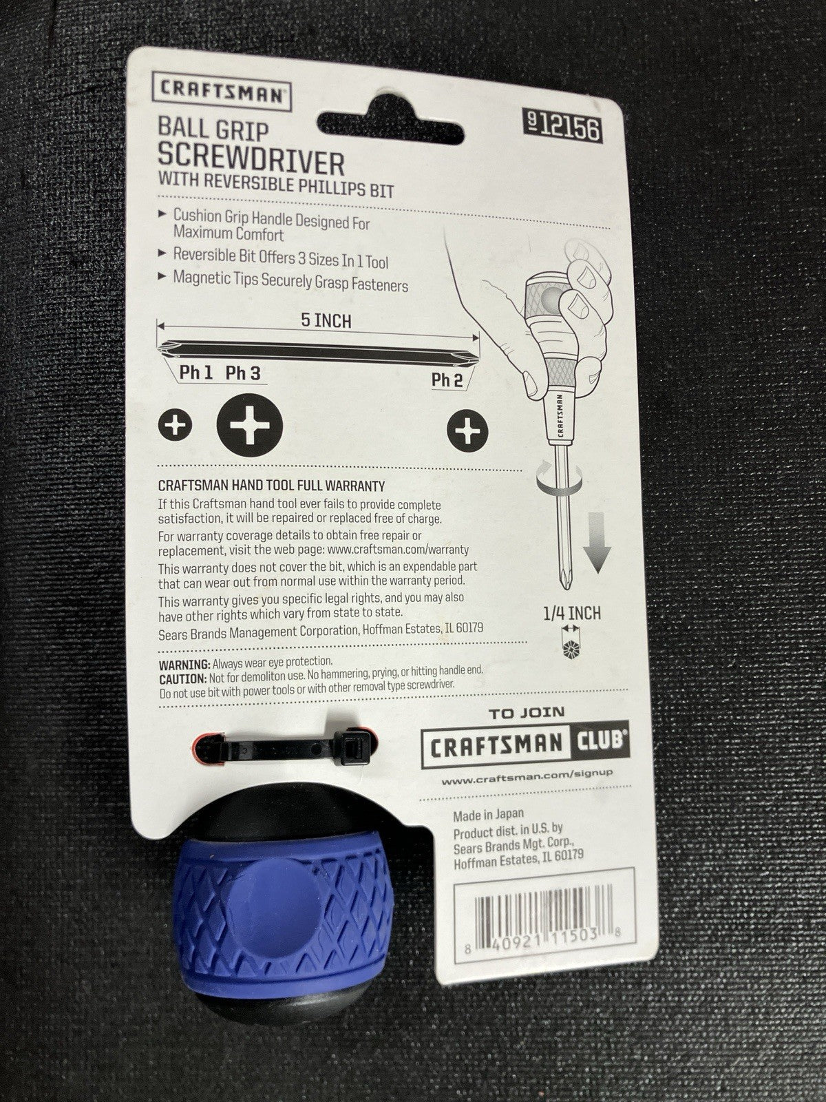 New! Craftsman Ball Grip Screwdriver 12156 Reversible Phillips Bit P1 P2 P3 BLUE