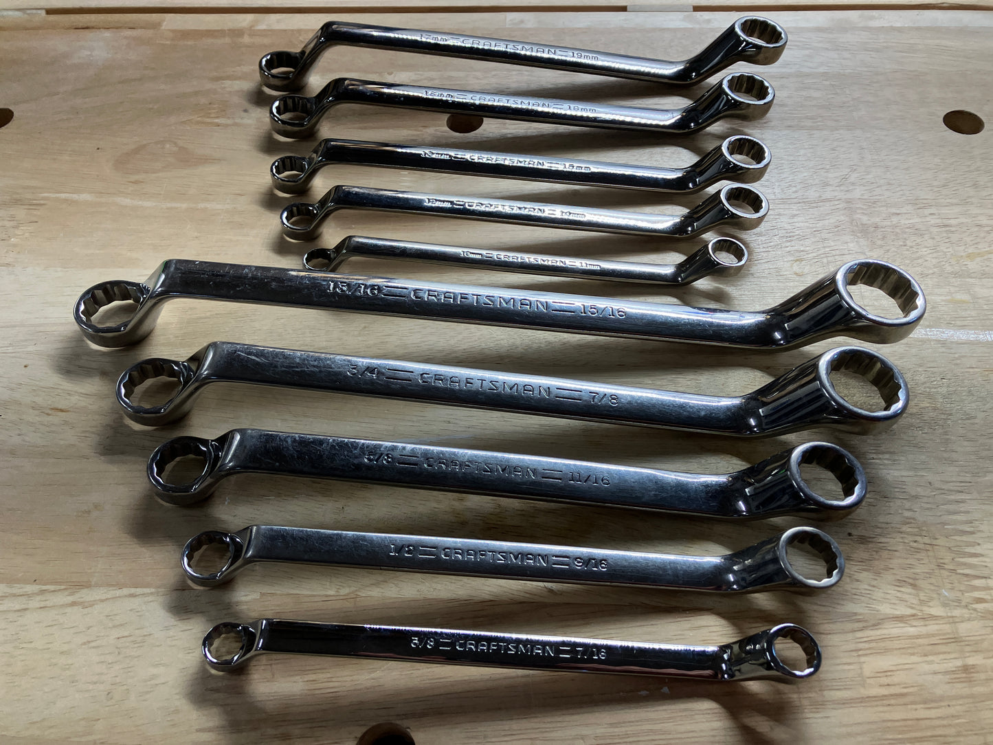 Vintage Craftsman Full Polish Deep Offset 10pc SAE and Metric Wrench Set USA - 10-19mm and 3/8 - 15/16”