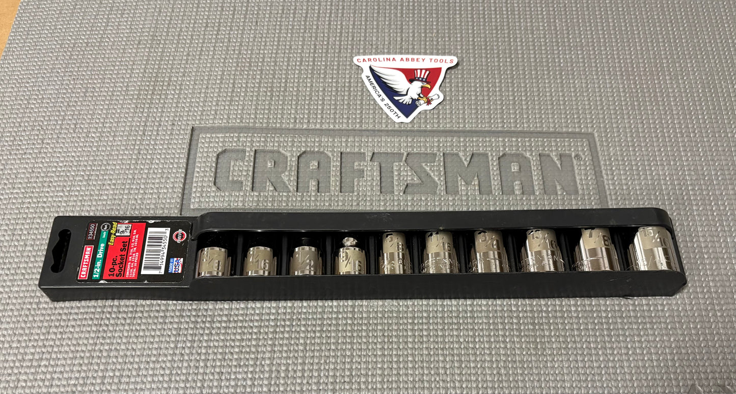 NOS Sears Craftsman USA 1/2” Drive 10pc Easy Read 6 Point Socket Set SAE 34550 G2D Dual Marked