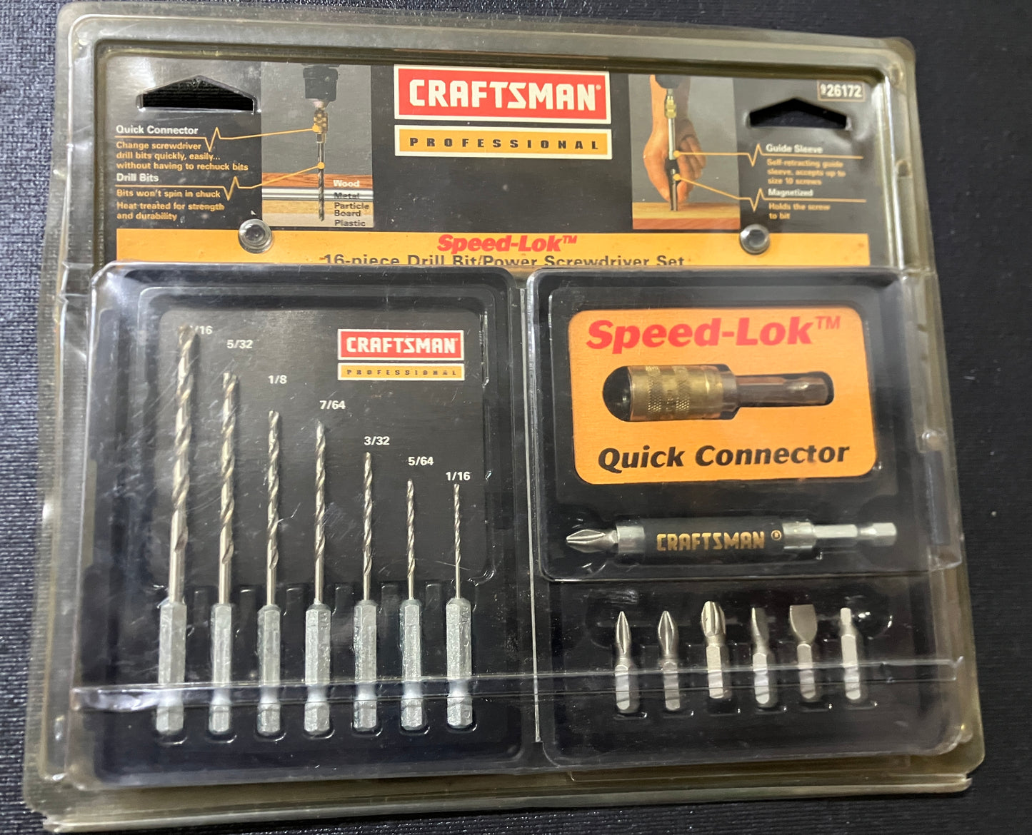 NOS Sears Craftsman Professional 16pc Speed Lok Drill Bit Set 26172 USA w/Case
