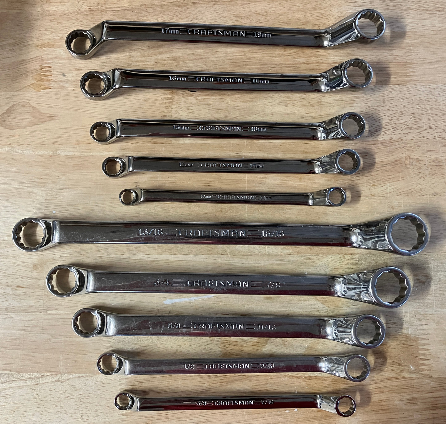 Vintage Craftsman Full Polish Deep Offset 10pc SAE and Metric Wrench Set USA - 10-19mm and 3/8 - 15/16”