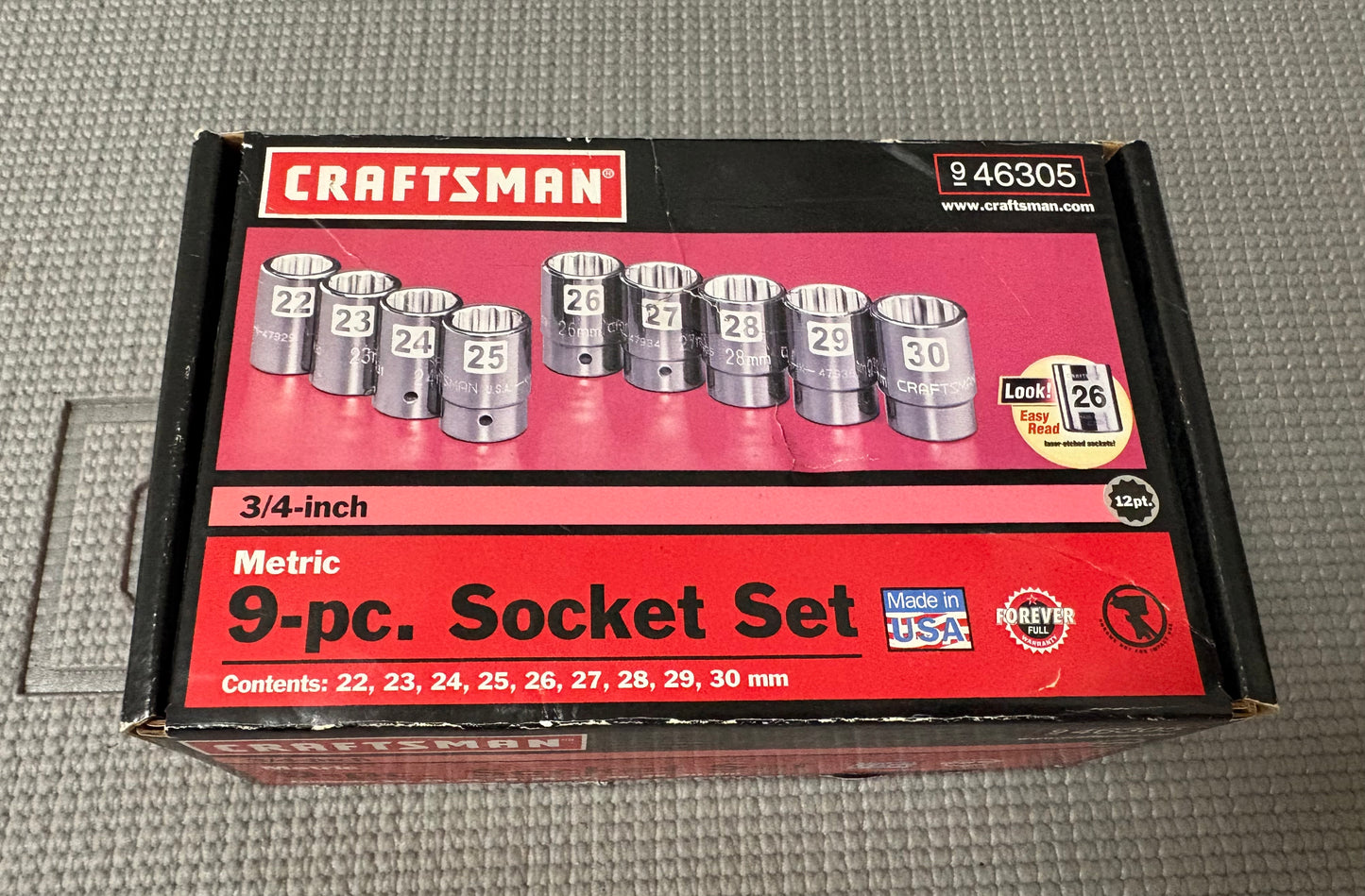 NOS Sears Craftsman Metric 9pc Easy Read Socket Set 46305 USA 3/4” Drive 22-30mm