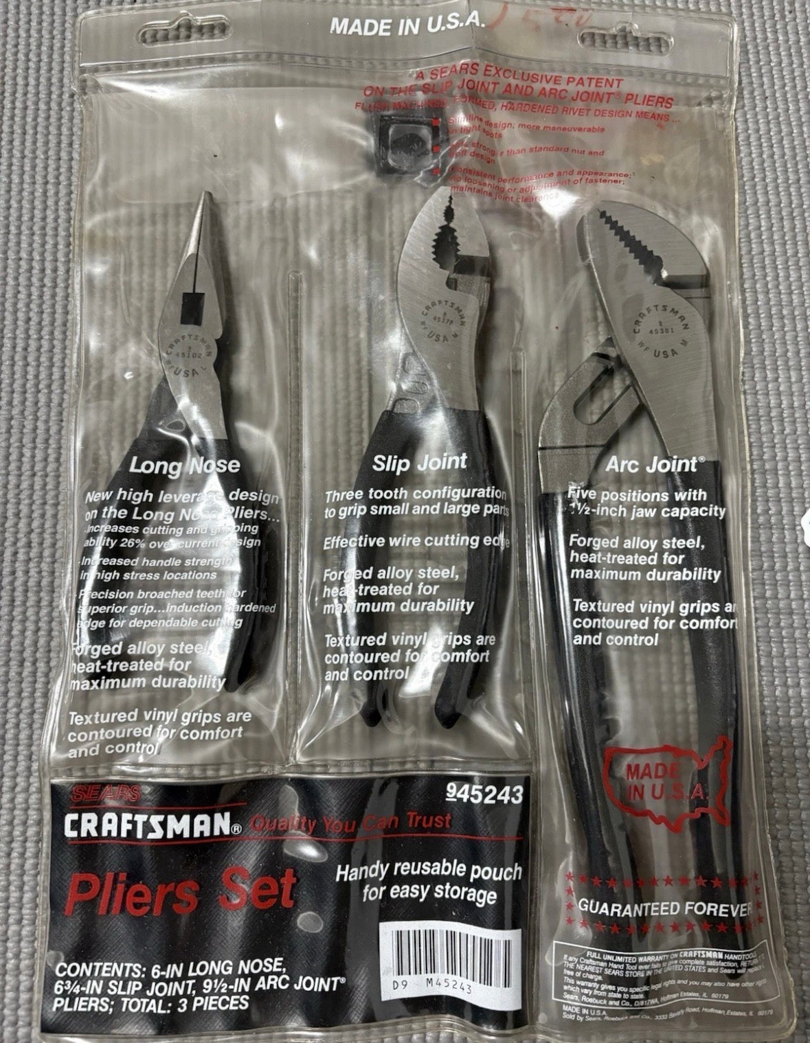 NOS Sears Craftsman 3pc Pliers Set w/ Pouch 45243 WF USA 45102 45378 45381