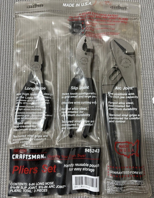 NOS Sears Craftsman 3pc Pliers Set w/ Pouch 45243 WF USA 45102 45378 45381