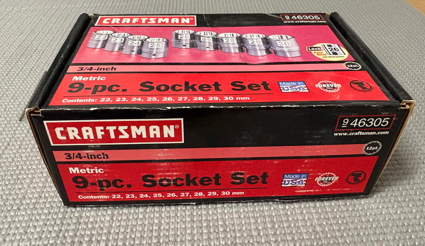NOS Sears Craftsman Metric 9pc Easy Read Socket Set 46305 USA 3/4” Drive 22-30mm
