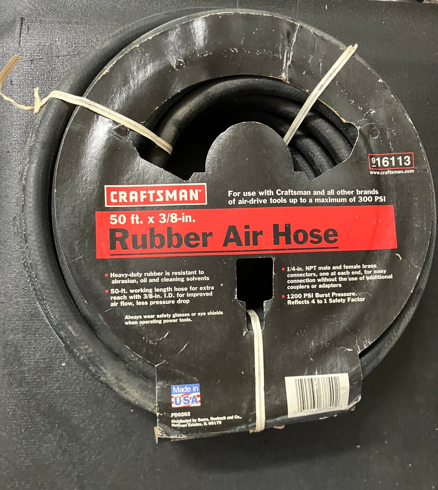 NOS Vintage Craftsman 50ft x 3/8” Heavy Duty Rubber Air Hose 16113 USA Made Rare