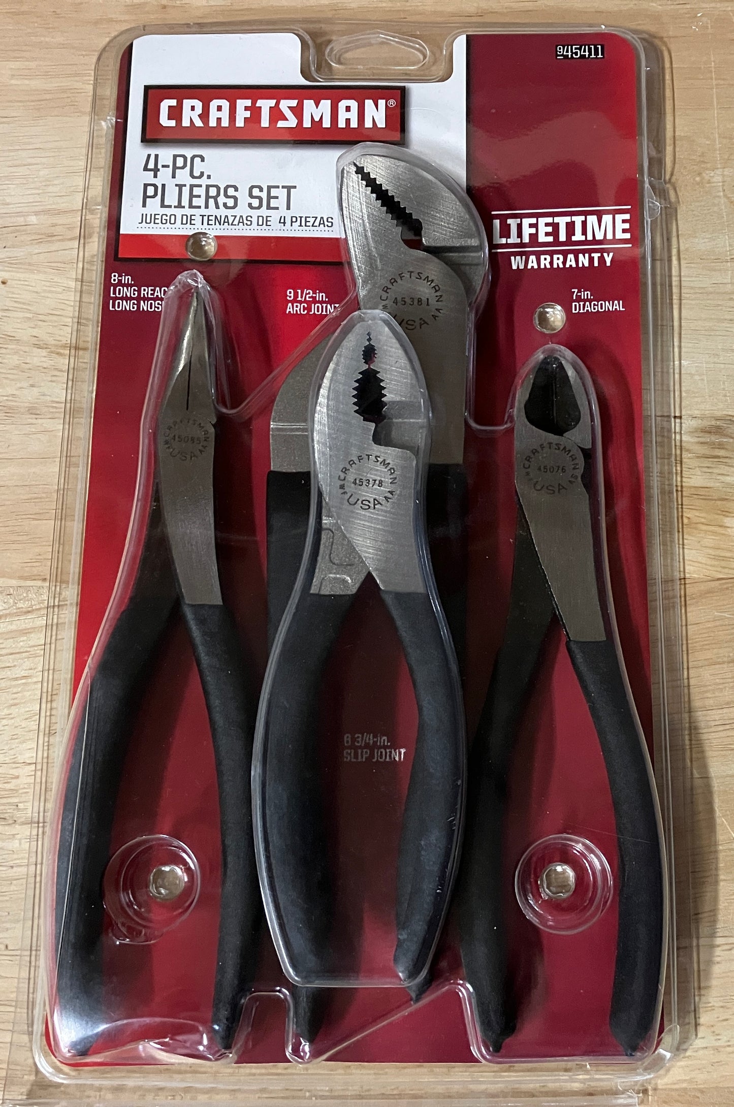 Vintage NOS Craftsman 4pc Plier Set 45411 USA - Long Reach, Arc Joint, Diagonal, and Slip Joint Pliers