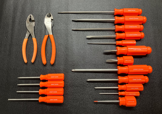 Vintage Craftsman 18pc Orange Hi Viz Tool Bundle - ScrewDrivers, Pliers, Torx & Scratch Awl - WF USA