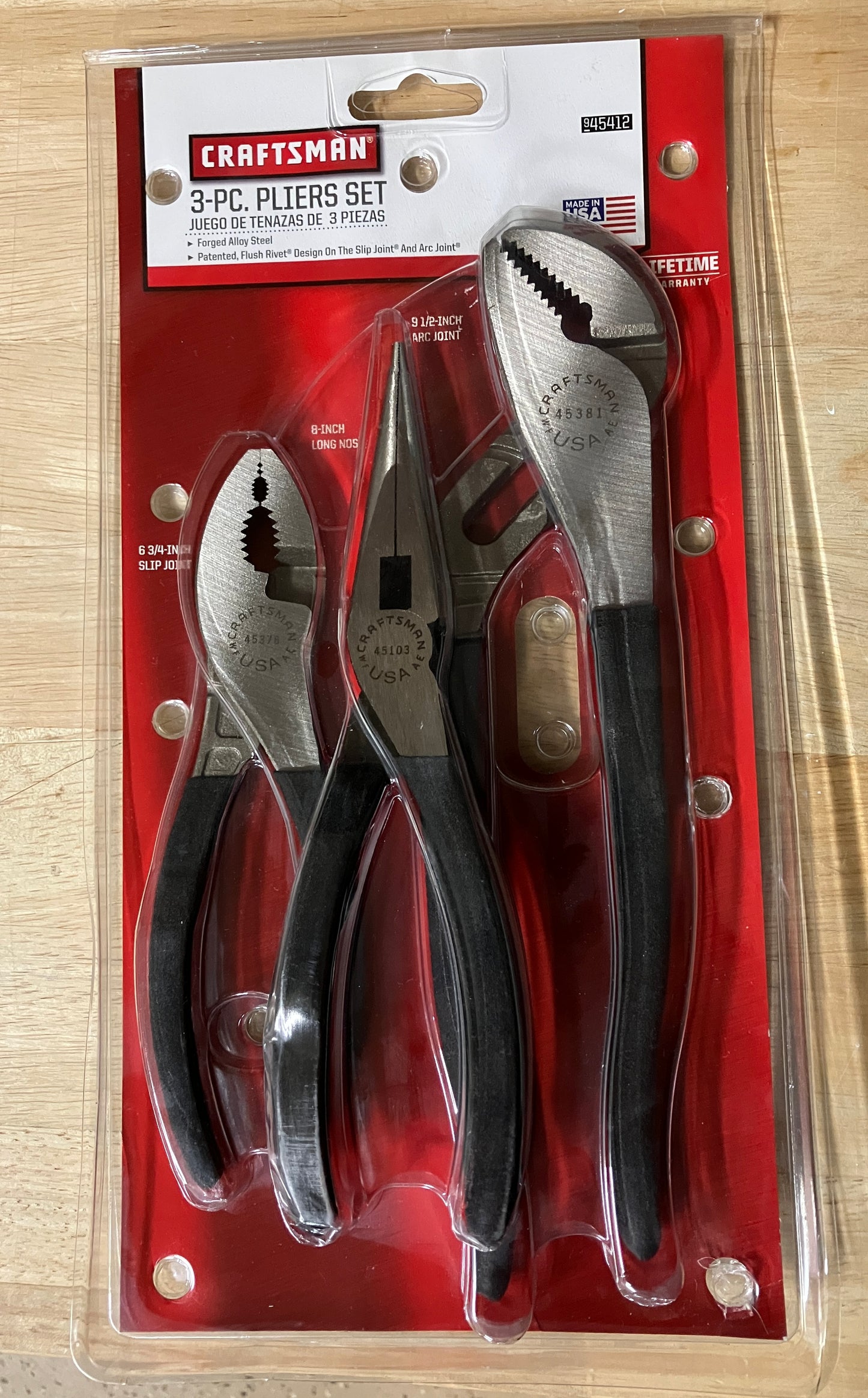 Vintage NOS Craftsman 3pc Plier Set 45412 USA - Slip Joint, Long Nose and Arc Joint Pliers