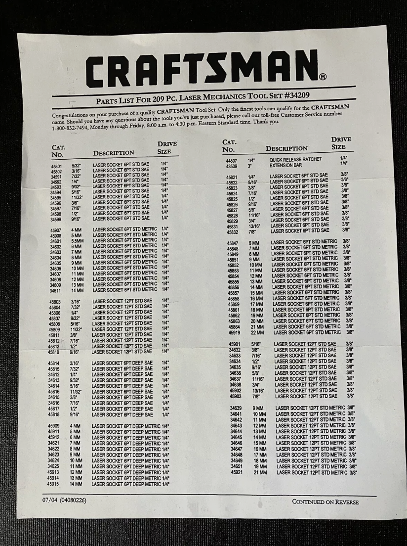Vintage Craftsman 209pc Laser Etch 4 Drawer Mechanics Tool Set 34209 USA