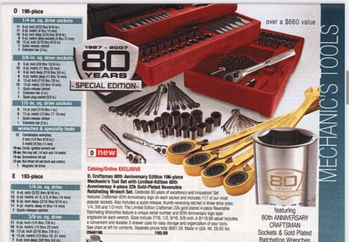 NOS Craftsman 196pc 80th Anniversary Mechanics Tool Set 46196